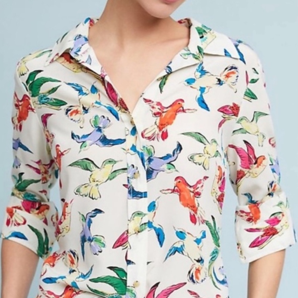Maeve White Button-Down Shirt with Multicolor Bird Print